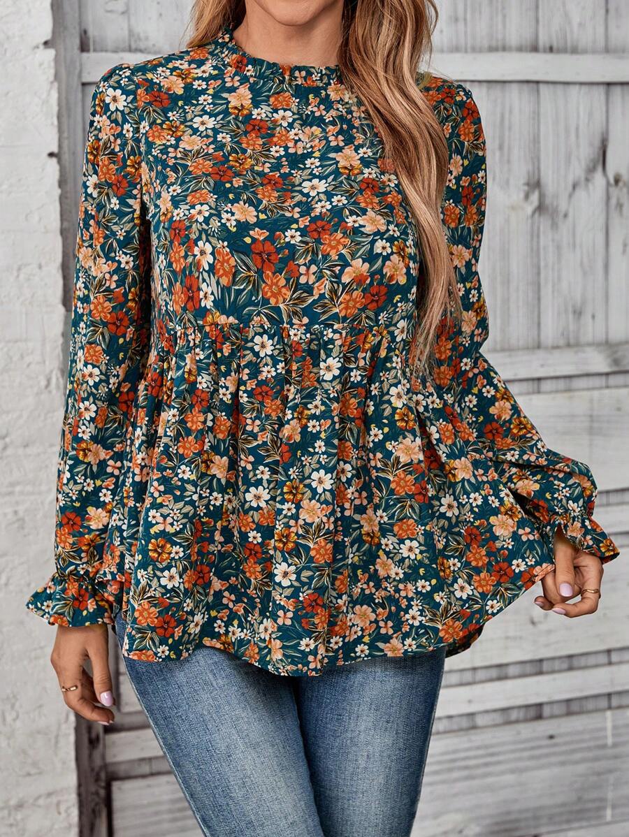 EMERY ROSE 女士度假风满版花卉印花圆领荷叶边长袖休闲衬衫