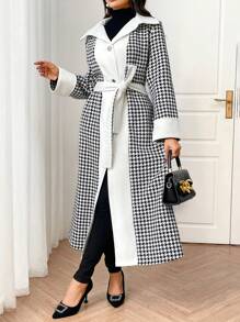 Mulvari Women's Casual Houndstooth Patchwork Regular Jacket, Autumn