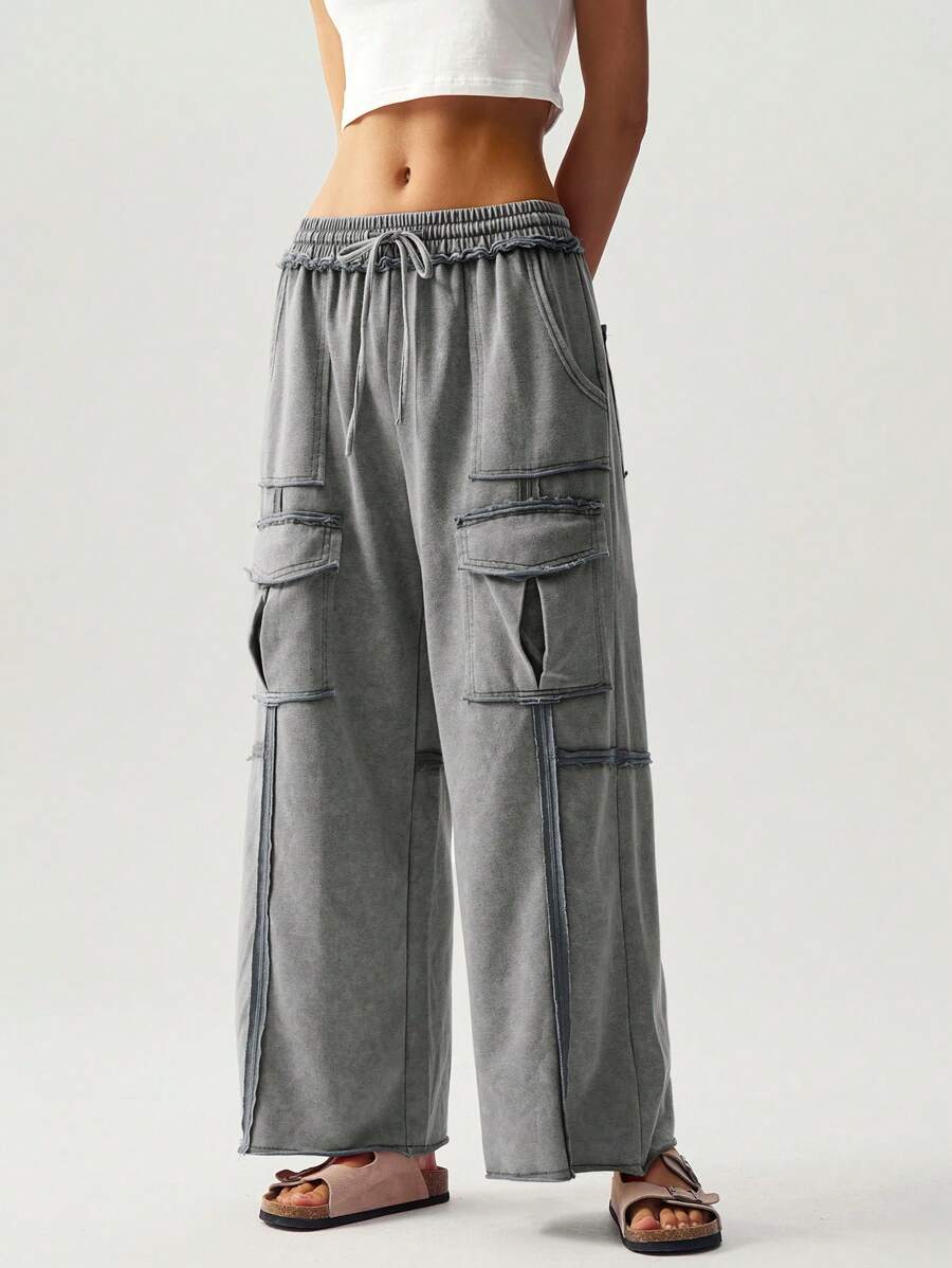 Bohemela Vacation Casual Solid Color Knitted Pleated Pocket Palazzo Pants For Women