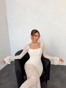 Aloruh Women Elegant Romantic Vintage Lace Solid Color Beige Long Sleeve Ruffle Decor Bodycon Fishtail Dress, Autumn/Winter - White - View 1