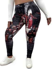 Flirla Plus Size Women Figure Printed Elastic Waist Casual Leggings