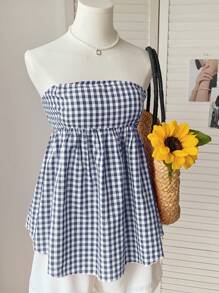 Comfortcana Top casual plissé à carreaux pour femme, pour un port quotidien - Bleu marine - Voir 3