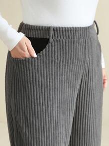 SHEIN Clasi Plus Size Corduroy Color Block Pocket Regular Casual Pants, Autumn/Winter - Grey - View 4