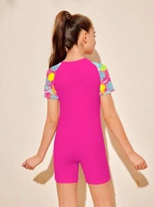 SHEIN Tween Girls' Tropical Plant Print Shoulder Zipper Half Placket Casual One-Piece Swimsuit With Shorts Summer Holiday - Hot Pink - View 2