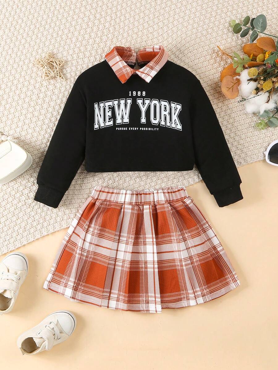 SHEIN 2 件套少女格子彼得潘领运动衫 + 格子裙,春秋 - 黑色 - 查看 1