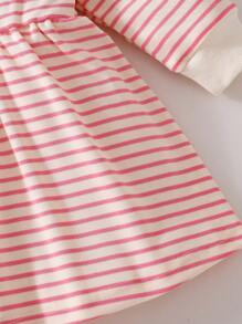 SHEIN Baby Girls Spring/Autumn Korean Style Cute Long Sleeve White Lace Collar Striped Knit Dress - Pink - View 6
