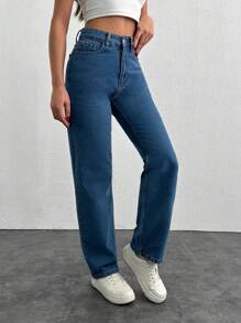 Cottnline 100% 纯棉女式中腰纯色直筒休闲牛仔裤 - 淺色水洗藍 - 查看 3