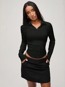 SHEIN BASICS Women Casual Plain Knit Collared Half-Zip Up Fitted Long Sleeve Top With Side Ruched - Black - View 8