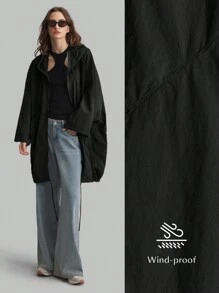 Ontre Stockholm Style, Teacher Outfits For Women,Fall Women Clothes,Women's Hooded Thin Lightweight Windbreaker Jacket, Oversized O-Shaped Design With Pockets, Casual Black Outdoor Ladies Coat, New Spring Collection 2025, Hooded Zip-Up Drawstring Hem