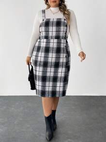 SHEIN CURVE+ Plus Size Women's Casual Checkered Button Front Shoulder Strap Dress, Autumn