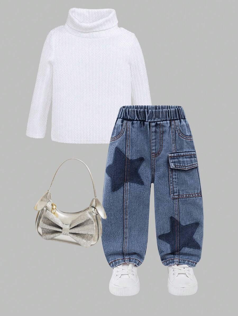 Calça jeans infantil estilo urbano, estilo vintage, perna larga, estilo bebê menina, modelo Y2K, com cintura totalmente elástica e detalhe de patchwork de estrela, sem blusa. - Lavagem Média - Ver 1