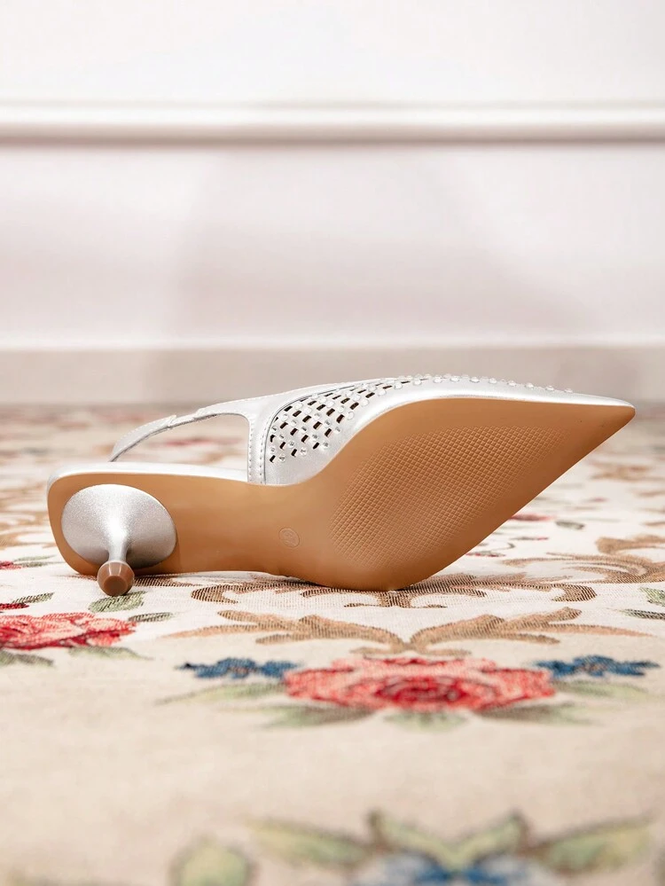 CUCCOO TILAWA 女性用 シルバー 尖った先 合成皮革 中空デザイン ラインストーン スタッズ付き セクシーなハイヒールサンダル、パーティーやナイトクラブに最適なファッション エレガントグラマラススタイル