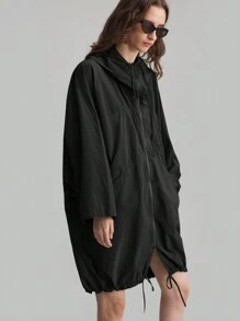 Ontre Stockholm Style, Teacher Outfits For Women,Fall Women Clothes,Women's Hooded Thin Lightweight Windbreaker Jacket, Oversized O-Shaped Design With Pockets, Casual Black Outdoor Ladies Coat, New Spring Collection 2025, Hooded Zip-Up Drawstring Hem