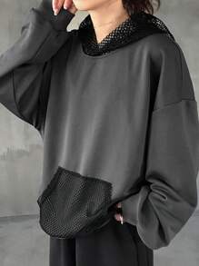 FRIFUL Áo nỉ nữ tay dài, có mũ, phối màu trơn, dáng rộng, có túi. - Xám - Xem 1