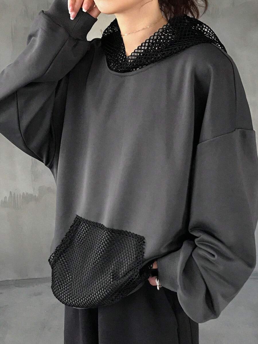 FRIFUL Áo nỉ nữ tay dài, có mũ, phối màu trơn, dáng rộng, có túi. - Xám - Xem 1