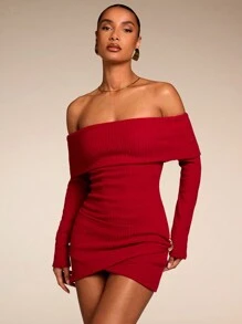 SHEIN BAE Women's Winter New Year Burgundy Red Off-The-Shoulder Long Sleeve Wrap Hem Metallic Decoration Mini Sweater Dress,Autumn,Seksi Chic,Night Out Party - Red - View 5