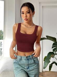 SHEIN EZwear Y2k Women Tank Tops Solid Color Simple Fashionable - Burgundy - View 6