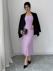 Elenzga 女式纯色休闲长款毛衣连衣裙 - 淡紫色 - 查看 3
