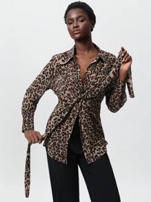 Aveloria Modichic Women Elegant Leopard Print Criss-Cross Design Flattering Versatile Fashion Long Sleeve Blouse, Suitable For Spring, Valentine's Day - Multicolor - View 6