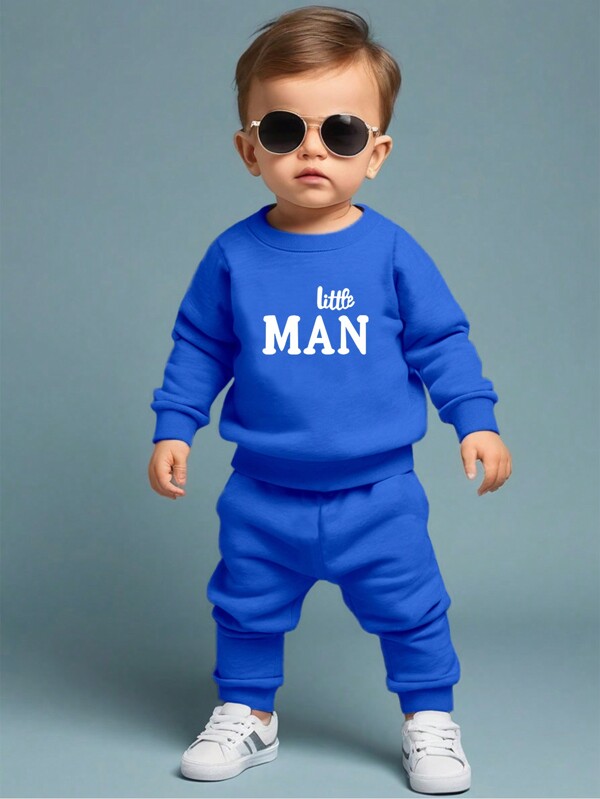 SHEIN Playful Pals Baby Boys "Little Man" Stylish Comfortable Casual Round Neck Sweatshirt Set