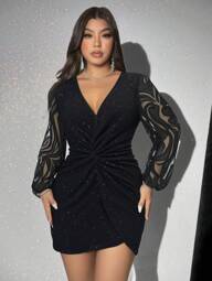 Viva Relle Sukienka na co dzień w dużym rozmiarze z dekoltem w serek, koronką i długim rękawem, prosta, zdobiona cekinami, na Walentynki