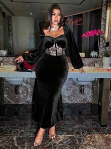 Allurite Robe midi élégante à manches longues style français en velours de couleur unie avec taille de sirène amincissante en contraste de dentelle, style Top de gamme chic pour femmes