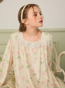 SHEIN 女童花卉印花蕾丝边长袖超长睡衣连衣裙，休闲时尚 - 黃色 - 查看 4