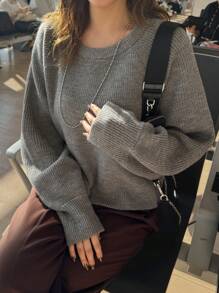 FRIFUL Women Tie-Back Decor Round Neck Long Sleeve Casual Sweater Fall,Winter - Grey - View 5