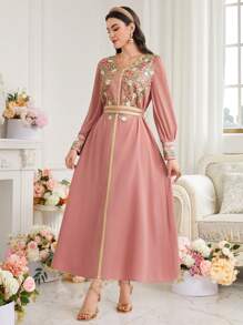 Al Najma Váy thắt lưng thêu hoa cho nữ, Đầm dự tiệc tối thanh lịch - Hồng - Xem 4