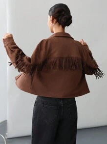 Aveloria Affinna Boho Style Faux Suede Fringed Motorcycle Jacket For Women Fall Cloth For Women - Rust Brown - View 2