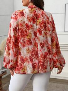 Franclia Plus Size Women Elegant Chiffon Printed Tie Front Blouse,Valentine