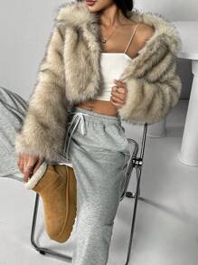 SHEIN PETITE Women Open Front Fluffy Coats In Fall/Winter - Apricot - View 5