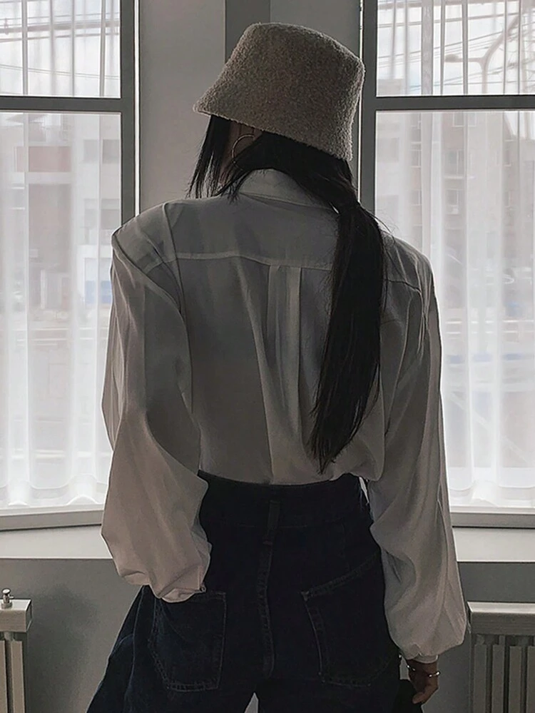 Women's Oversized White Long Sleeve Padded Shoulder Shirt With Collars, Casual Wear For Spring/Autumn,Fall Women Clothes