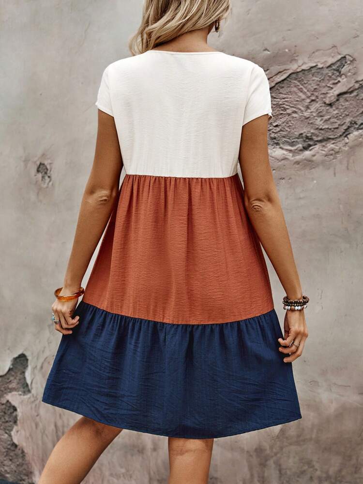 Women's Summer Contrast Color Round Neck Batwing Short Sleeve Casual Loose Mid-Length Dress