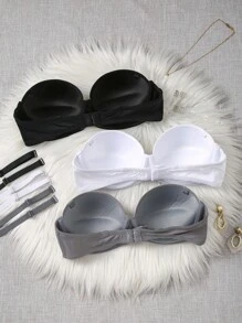 3pcs Set Women's Solid Color Minimalist Leisure Bras With Steel Rings - Multicolor - View 2