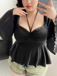 Vibekara 大码女式撞色蕾丝喇叭袖挂脖系腰 A 字型 T 恤 - 黑色 - 查看 4