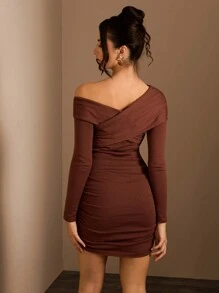 Glamine Autumn/Winter Asymmetrical Ruched Slim Elegant Women Sweater Dress - Coffee Brown - View 2