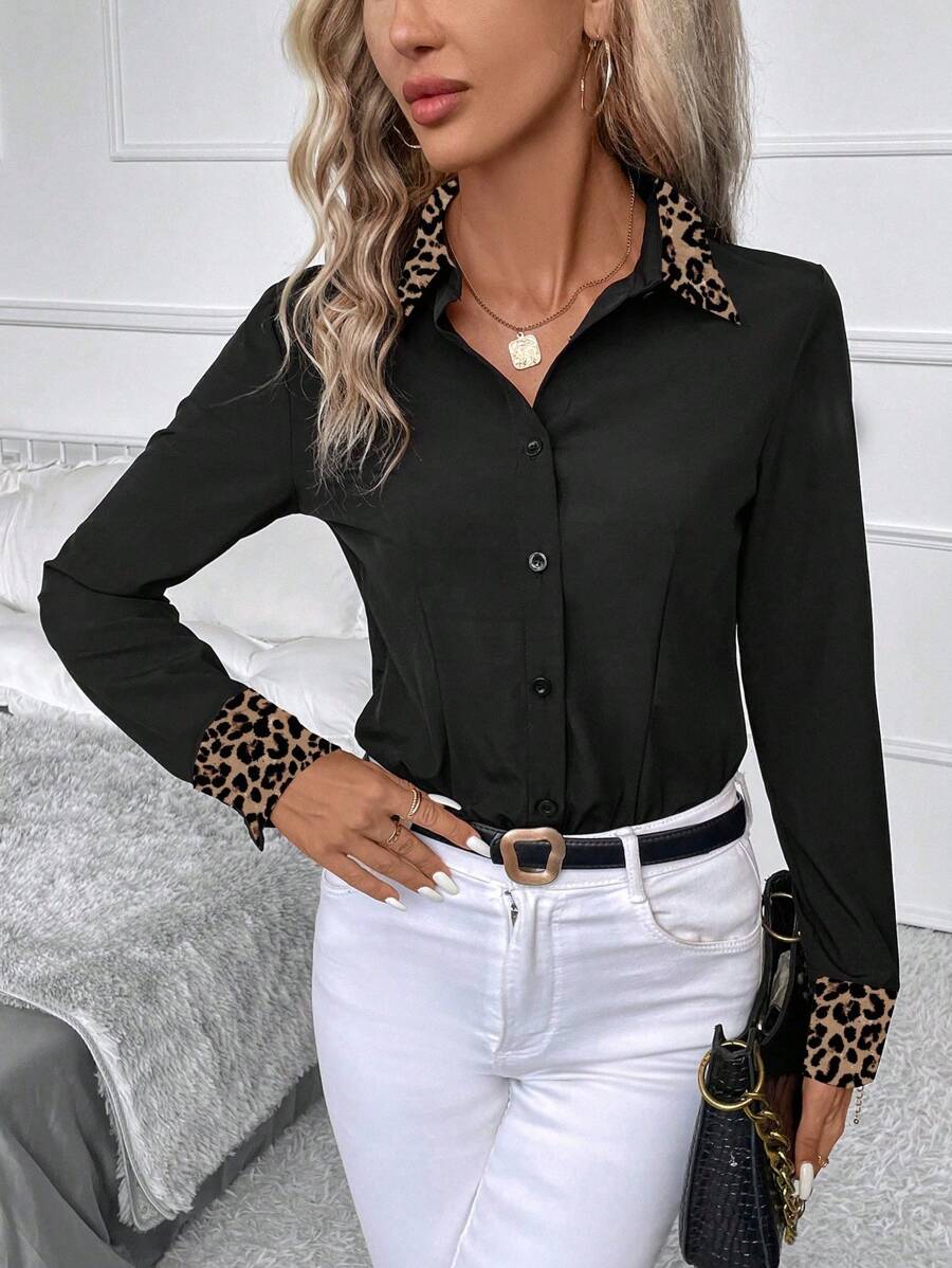 SHEIN Clasi Plus Size Leopard Print Patchwork Bodysuit, Casual Autumn - Black - View 1