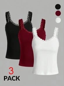 SHEIN Essnce 3pcs/Set Summer Black White Red Lace Edge Fitted Casual Vacation Versatile Knit Camisole - Rose Red - View 1