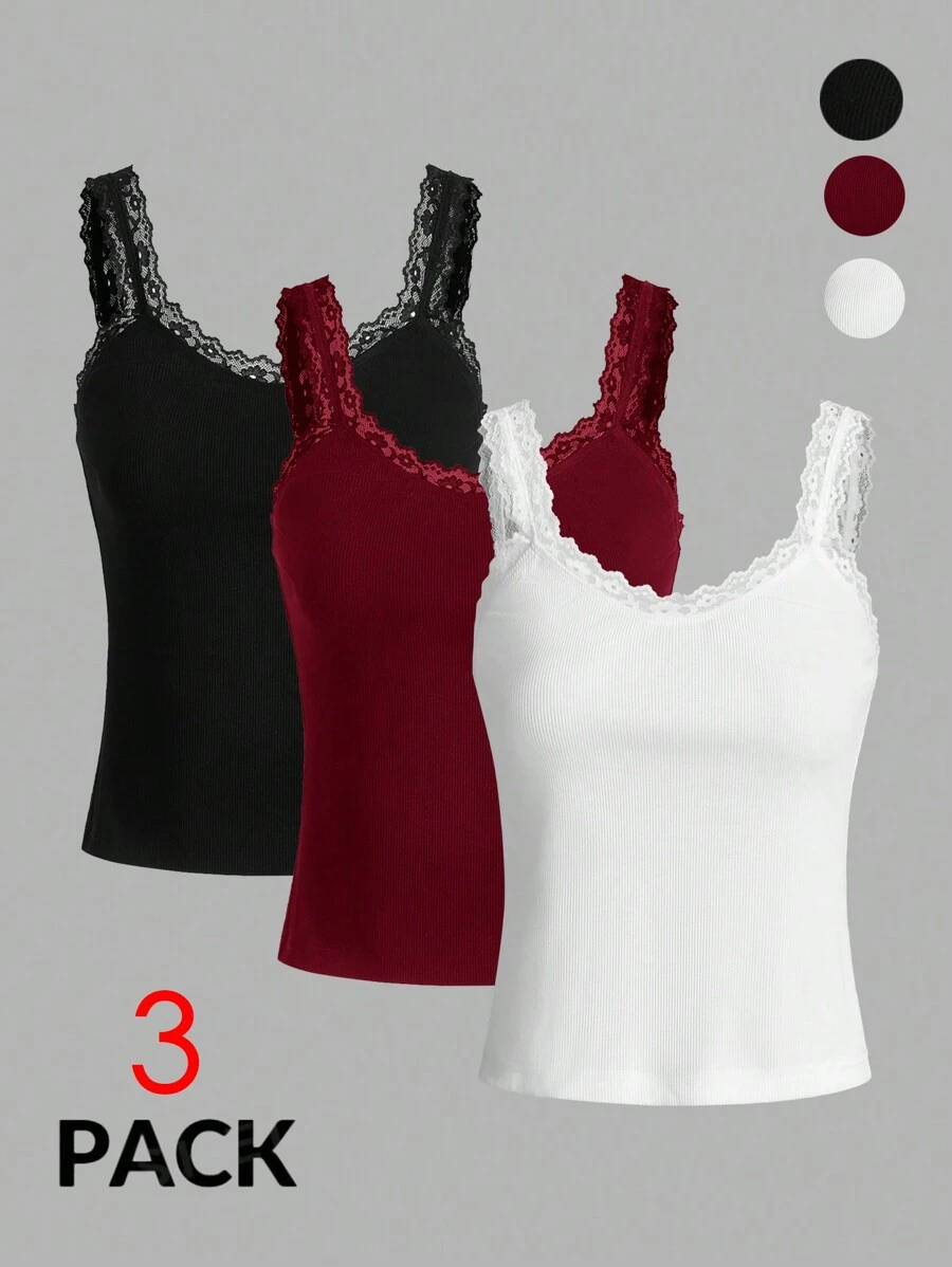 SHEIN Essnce 3pcs/Set Summer Black White Red Lace Edge Fitted Casual Vacation Versatile Knit Camisole - Rose Red - View 1