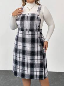 SHEIN CURVE+ Plus Size Women's Casual Checkered Button Front Shoulder Strap Dress, Autumn