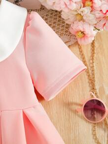 SHEIN Young Girl Collegiate Style Collar Solid Color Sweet & Charming Puff Sleeve Bow Neckline A-Line Dress, High-Quality Fabric, Comfortable Waist Ruched Design, Elegant & Simple, Cute For Party - Pink - View 6