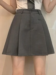 DAZY Falda gris de línea A, con pliegues, bolsillo delantero y botones para mujer