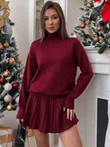 Aloruh 2pcs Women's Set: Wine Red Pleated Skirt + Turtleneck Loose Elegant Sweater For Christmas, New Year, New Year's Eve, Fall And Winter, Elegant,Burgundy