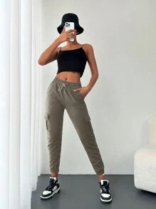 Cottnline Flap Pocket Side Drawstring Waist Joggers - Dark Grey - View 6