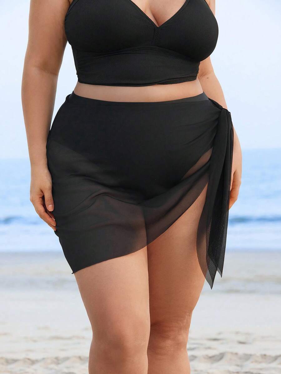 Swim Lushoire Plus Size Women Solid Color Elegant Tie Waist Ruched High Waist Shorts With Skirt Look Summer - Black - View 1