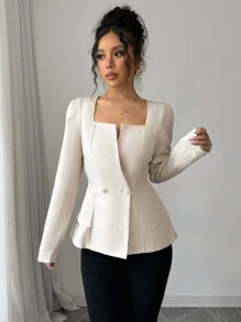 Elenzga Women's Elegant Solid Color French Style Square Collar Double-Breasted Long Sleeve Shirt For Commuting, Spring/Autumn - Apricot - View 3