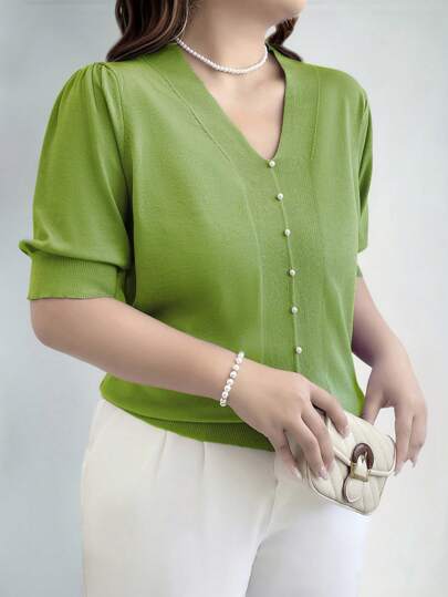 EMERY ROSE Suéter de punto con cuello en V, manga corta, decorado con perlas falsas, unicolor, talla grande, para otoño e invierno