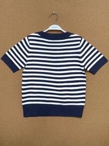 Chiquease 女士方领短袖休闲条纹针织上衣，秋冬 - 藏蓝色 - 查看 2