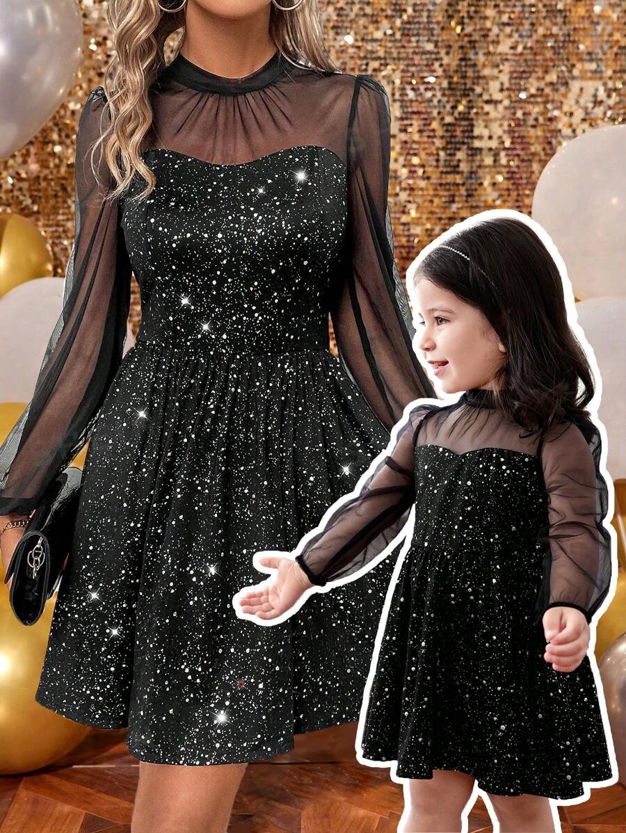 Baby Girl Elegant Cute Black Mesh Contrast Sequin Long Sleeve Knitted Dress New Years Outfit - Black - View 1